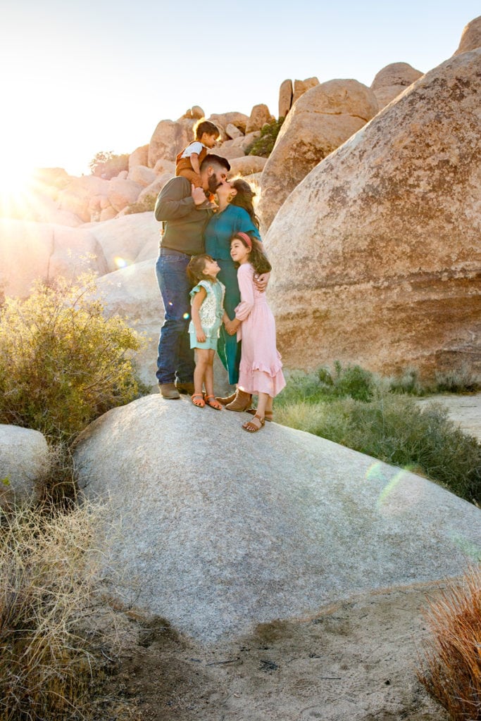 Family and Maternity Photographer, a family of 5 stand together on a large boulder